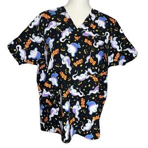 SCRUBS Halloween Friendly Ghosts BOO! Women's‎ Scrub Top Size M